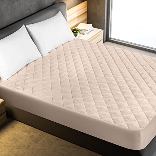 Utopia Bedding Quilted Fitted Mattress Pad (Queen, Beige) - Elastic Fitted Mattress Protector - Mattress Cover Stretches Up To 16 Inches Deep - Machine Washable Mattress Topper #TOP1