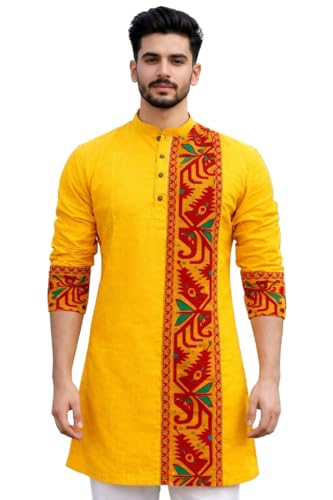 Image of Men's Cotton Jamdani Kurta for Festive, Casual Wear | Traditional Bengali Style Long Kurta | S to XL Size | White, Yellow, Blue Color Options