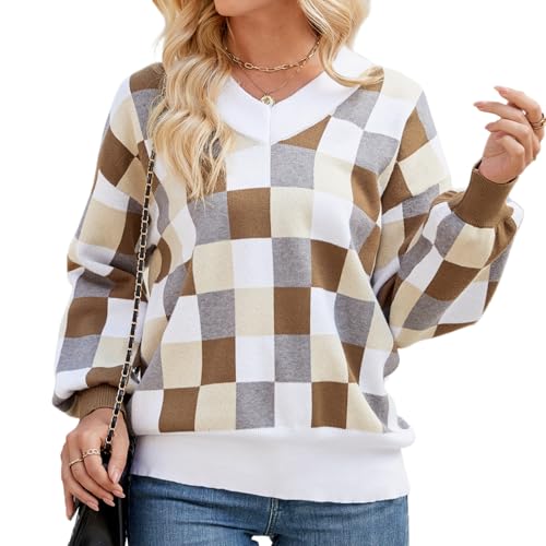 Spring Sweaters for Women, Women's Long Sleeve V Neck Color Block Trendy Oversized Ribbed Knit Pullover Sweater Tops