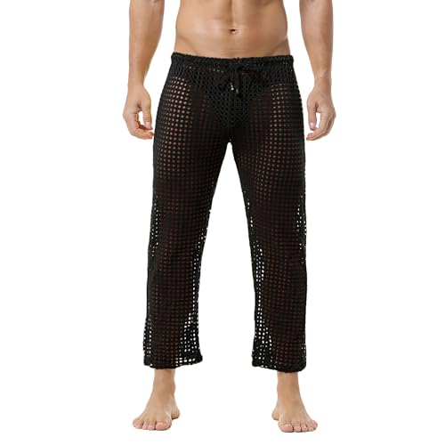 DTODWW Mens Mesh Pants Fishnet Long Pants See Through Pajamas Bottoms Drawstring Pajamas Bottoms Swimming Wear