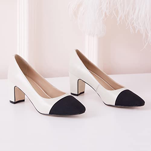 SHODENSE Women Classic Chunky Block Heel Pumps Cap Toe Two Toned 2.5" Heel Dress Shoes Slip On Almond Closed Toe Dress Sandals Patchwork Colorblock Formal Office Work Pump Wedding Evening 4-11 M US2