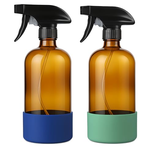 Vitachy Pack 2 Pulverizadores Vidrio Ámbar 500ml con Base de Silicona, Botellas Spray de Cristal para Limpieza, Plantas y Aceites Esenciales, Incluye Etiquetas y Rotulador (Azul y Eucalipto)