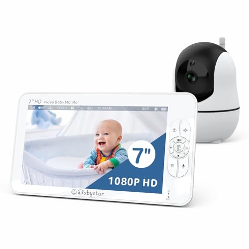 Babystar Baby Monitor with Camera and Night Vision,1080p 7" HD Video Baby Monitor No WiFi,Up to 22 Hrs Battery Life,Remote Pan/Tilt/Zoom,2-Way Talk, Temperature, 8 Lullabies,1000ft Range