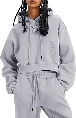 COZYPOIN Womens Fleece 2 Piece Outfits Sweatsuit Crop Top and Pants Hoodie Tracksuit Set