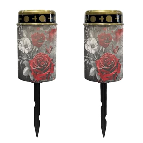 Image of Red Rose Cemetery Solar Lights Water Resistant LED Flameless Candle Grave Lights Solar Powered Grave Decor Memorial Gift Outdoor Garden Decor Light for Prayer 2 Pcs