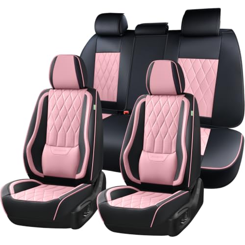 Image of Leather Seat Covers Full Set Pink Seat Covers for Cars Front and Rear 5 Seats Waterproof Vehicle Seat Cover with Lumbar Support Universal Fit for Most Cars Sedans Trucks SUV, Black&Pink