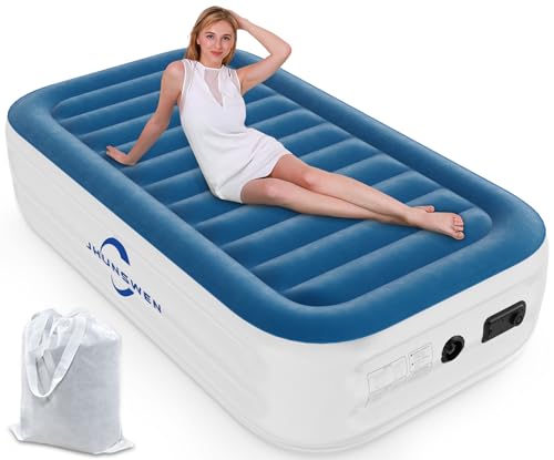 Twin Air Mattress with Built in Pump, JHUNSWEN 75 x 43 x 18" Double-High Durable Twin Inflatable Air Bed with Flocked Top, Quick Inflation/Deflation Blow Up Air Mattress for Camping, Travel & Guests