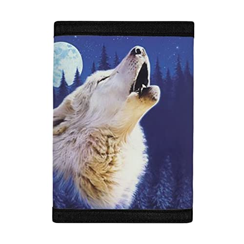 Portafoglio per ragazzi leggero organizer per soldi con tasca per carte piccole borse per monete a tre ante per Toddle adolescenti Luna Lupo Blu