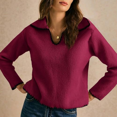 Women Lapel Collar Striped Color Block Pullover Sweater Casual Long Sleeve Drop Shoulder Split Side Sweater Tops3