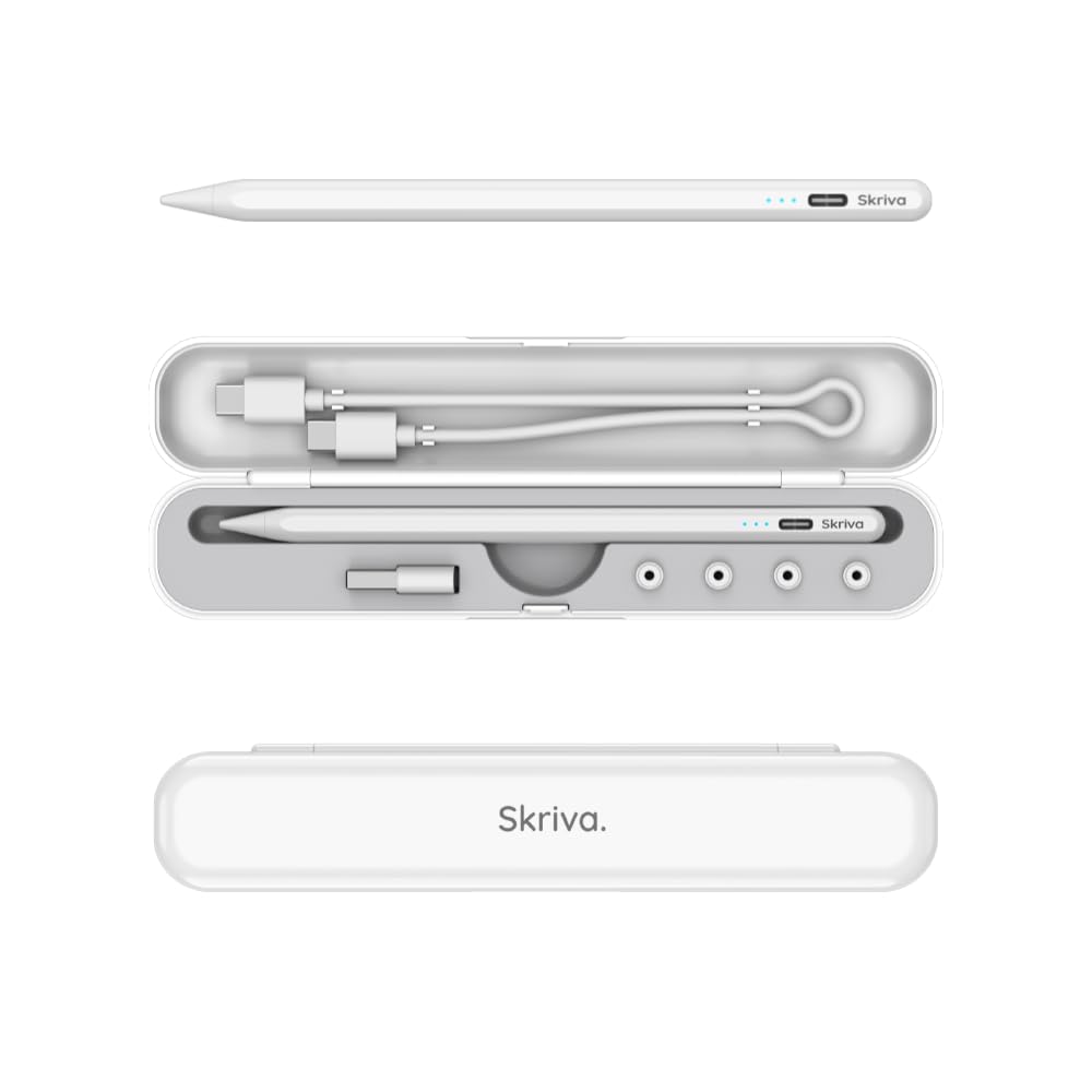 Lápiz táctil Skriva para iPad (2018+) con botón de Acceso rápido, inclinación y rechazo de Palma, fijación magnética, Carga USB-C rápida, indicador batería, Funda y Puntas