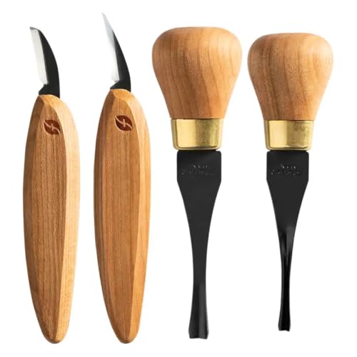 Image of Flexcut Premium Series Wood Carving Tool Set, 4-Piece Beginner Palm & Knife Set with Cutting and Detail Knives, Sweep and Parting Palm Tools, Ergonomic Cherry Wood Handles, USA Made