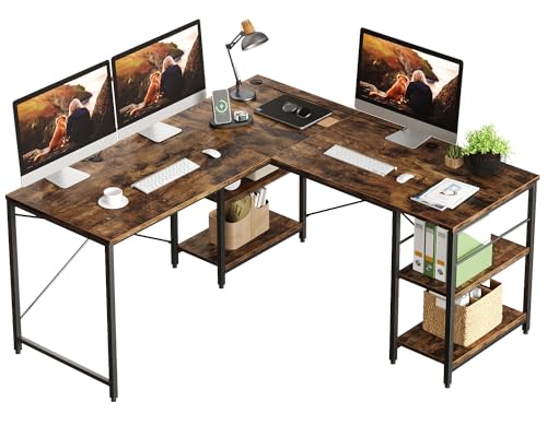 Bestier L Shaped Desk, 95.2 Inch Reversible Corner Computer Desk with Shelves, 2 Person Long Table for Home Office, Large Writing Storage Workstation with 3 Cable Holes, Rustic Brown