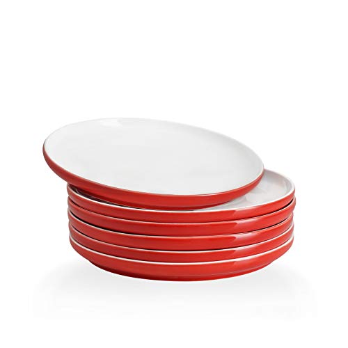 Kanwone Porcelain Dessert Salad Plates - 8 Inch - Set of 6 Red Microwave and Dishwasher Safe Plates