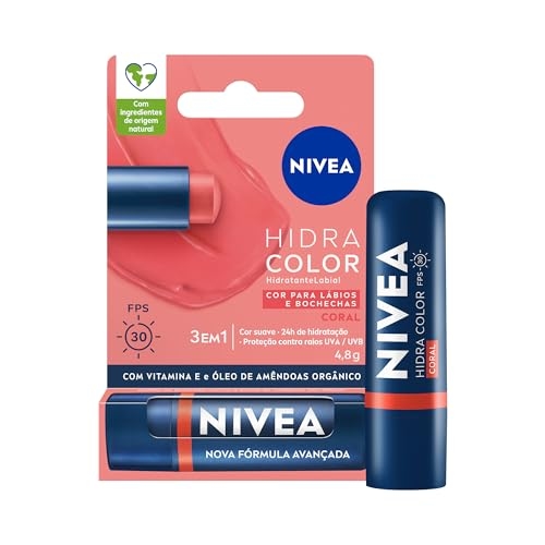 NIVEA Hidratante Labial Hidra Color 3 em 1 Coral 4,8g, Cor Intensa, Hidratação 24h, Proteç...