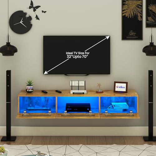 Image of Anikaa Rayza Wall Mount Modern Floating TV Unit for Living Room | 3 Closed Storage cabinets with hinged Door - 3 Blue LED Light | Ideal for UP to 65 Inch TV (Gaintwood Finish - DIY Installation)