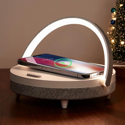 EZVALO Lámpara Nocturna Multifunción, Lámpara de Mesa con Carga Inalámbrica Ajustable 3 Modos de Iluminación con Altavoz Bluetooth, Ideal para Dormitorio/Sala, Protectora de la Vista,Regalo Festivo