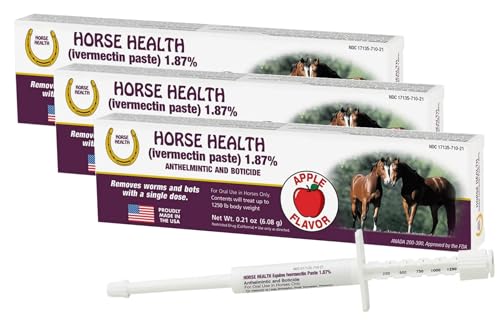Horse Ivermectin Paste 1.87% Apple Flavored Oral Equine Dewormer Syringe 6.08g Tube Treats Horses Up to 1250 lbs (3-Pack)