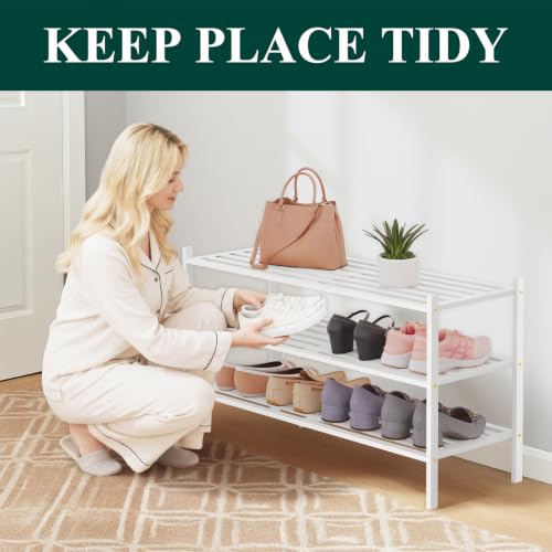 Image of Smiry Bamboo Shoe Rack, 5 Horizontal Slats, 3 Tier - 33.9 inch Wide, White