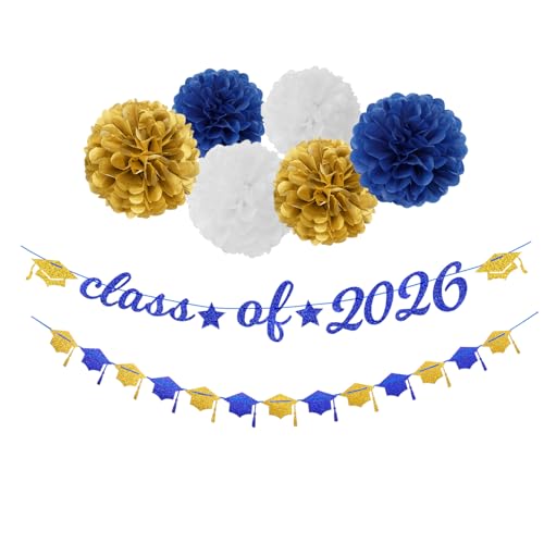 Image of Navy-Blue White-Gold Party-Decorations Graduation Banner - 8pcs Kits Class of 2026 Cap Garland Streamers, Paper Tissue Pom Poms Flowers, Congratulations Grad Decor Lasting Surprise