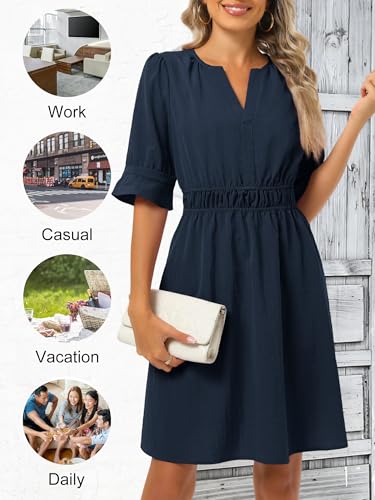 Loemes Womens Casual Work Drop Waist Sunresses Business V Neck Midi Ruffle Sleeve Solid Color Flowy Summer Dress with Pockets3