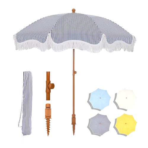 7ft Patio Beach Umbrella with Fringe, Outdoor Umbrella for Poolside, Stripe by MFSTUDIO - Used condition - US$75.16