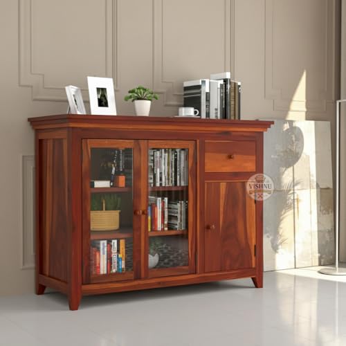 Image of Wood Kitchen Cabinet with Acrylic Glass Door, Storage Cabinet Racks, Home Kitchen Furniture, Crockery Rack, Display Unit, Wooden Chest of Drawers, (Honey Finish)