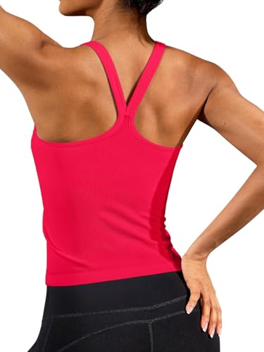 Image of ATTRACO Ribbed Seamless Tank for Women Built in Bra Activewear Vest Shirts Red M