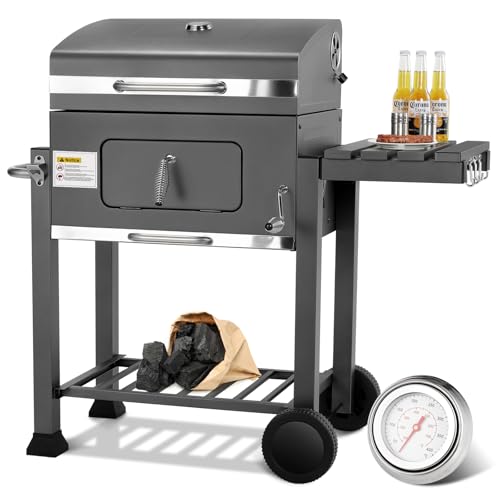 Barbacoa de Carbon, Grande Parrilla Barbacoa Carbon con Tapa, Ruedas y Termómetro, Parrilla de Carbón, Ahumador BBQ Smoker para Acampar y Jardín, 124 x 56 x 140 cm, Gris
