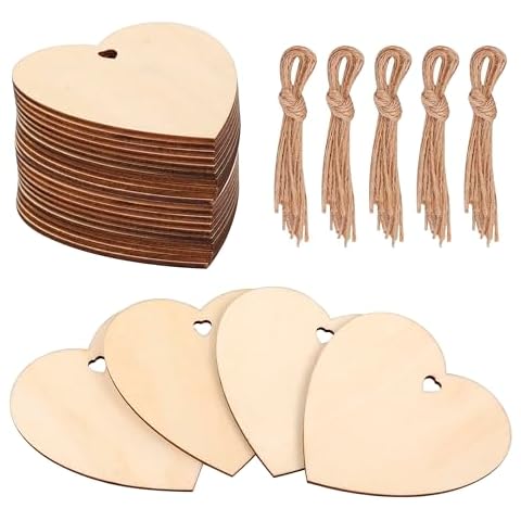 50pcs Wooden Hearts for Crafts,3" Wood Ornaments Unfinished Predrilled DIY Wooden Slices Embellishments for Valentine's Day, Wedding, Thanksgiving Cover