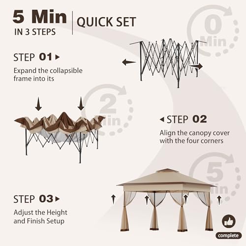 Bezseller 11x11 Pop Up Gazebo Tent with Mosquito Netting – Quick Set Up, Water-Resistant Outdoor Canopy for Patio, Garden, Backyard, and More,Khaki