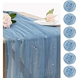 Set of 6 Pearl Table Runner 29 x 120 Inch Dusty Blue Tulle Fabric Lace Table Runners Boho Rustic Table Runners for Bridal Shower Birthday Party Wedding Arch Aisle Veil Dessert Table Decor(Dusty Blue)