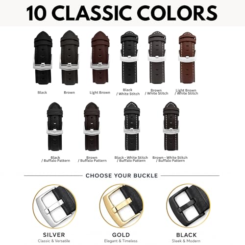 Image of Bandini Mens XL Extra Long Leather Watch Band or Regular Strap, Classic or Buffalo Pattern - 4 Colors, With or Without Stitch - 18mm 20mm 22mm 24mm 26mm 28mm 30mm Leather Watch Band for Men