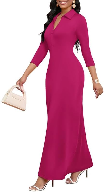 Maxi Dresses for Women Casual V Neck 3/4 Sleeve Bodycon Long Party Holiday Dress Semi Formal Outfits