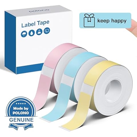 POLONO Genuine P31S Label Maker Tape, Adapted Label Print Paper, 12x40mm(0.47"x1.57"), Standard Laminated Self-Adhesive Label Tape, Label Maker Tape Refill for Home Office, 540 Labels,Pink/Blue/Yellow Cover