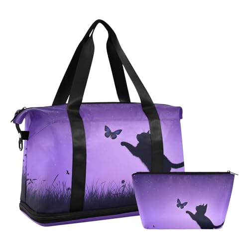 Travel Duffel Gym Sports Luggage Bag Expandable Large Capacity Black Cat Chasing Butterfly Sports Bag for Women and Men