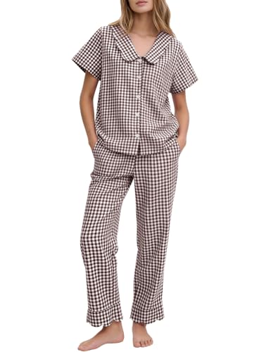Image of Flygo Womens Gingham Pajamas Set Cotton 2 Piece Pj Set Scalloped Collar Babydoll Shirt Pants Plaid Y2K Lounge Sets