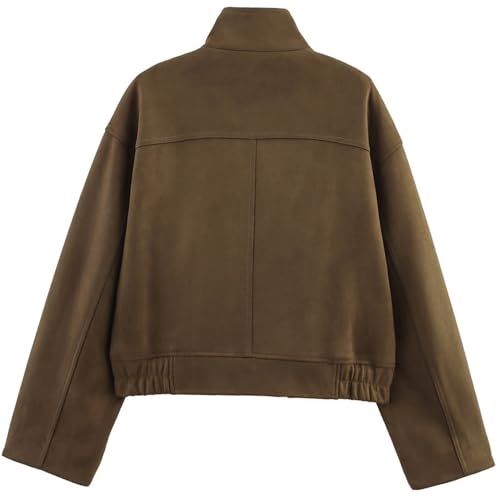 Womens Suede Bomber Jacket High Neck Casual Cropped Jackets Long Sleeve Zipper Streetwear Outerwear with Pockets2