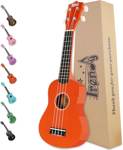 Trendy Soprano Valentine's Day Ukulele for Beginners 21 Inch Hawaiian Wood Ukuleles for Adult Student Starter Four Strings Guitar (Orange)