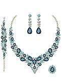 CSY 4 Pcs/Set Austrian Crystal Necklace Earrings Bracelet Ring Bridal Jewelry Sets for Brides Wedding Party Costume Accessories Gifts for Women (02-gold plated-aquamarine)