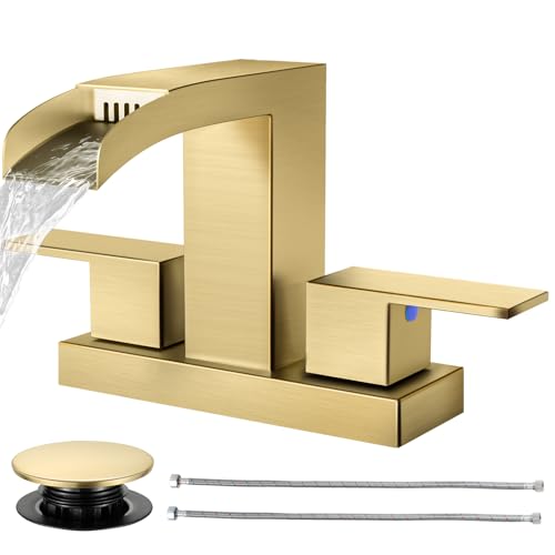 Cobbe Waterfall Bathroom Faucets 3 Hole, Brushed Gold Bathroom Sink Faucet Square 4 Inch Centerset...