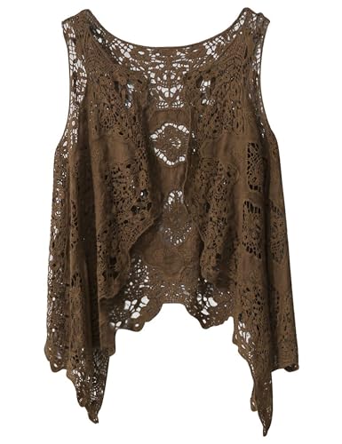 Image of FindThy Women's Hollow Knitting Stitch Cardigan Open Front Draped Boho Hippie Crochet Vest