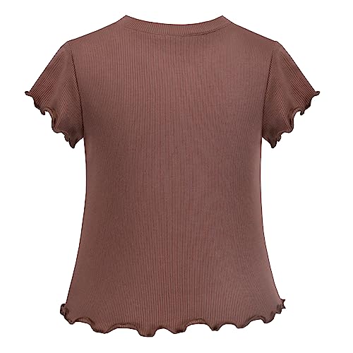 Sunny Fashion Girls T-Shirt Crop Top Brown Lettuce Trim Ribbed Knit Button Casual2