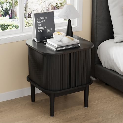 Image of Furniway Mid Century Nightstands Set of 2, Fluted Bedside Tables with Sliding Door Storage, Wooden End Tables with Solid Wood Legs for Bedroom, Black