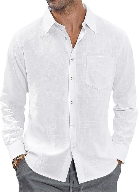 HAGOT Hombres Camisa de Manga Larga, Larga Camisa de Algodón y Lino Corte, Casual Camisa de Verano, Regular Ideal, para Ocasiones de Playa y Vestir
