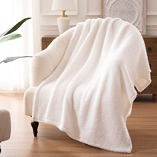 Bertte Fluffy Sherpa Throw Blanket Ultra Soft Warm Lightweight Shaggy Blanket For Couch Sofa Travel, Premium Reversible Decorative Faux Fur Blanket For All Seasons, 50"X 60", Ivory White #TOP6