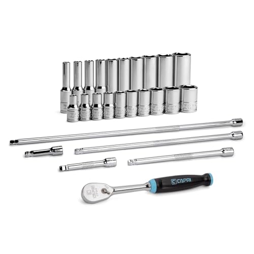 Capri Tools 1/4 in. Drive Master 6-Point Chrome Socket Set, 3/16 to 9/16 in., with Extension and 90-Tooth Soft Grip Ratchet, 26-Piece, SAE