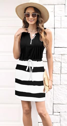 Image of ETCYY Womens Summer Casual Dresses Sleeveless Beach Vacation Sundresses Drawstring Waist Short Striped Dress with Pockets