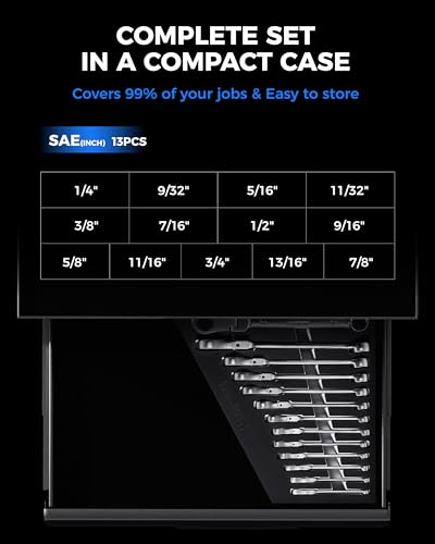 Image of toolant 13pcs Ratcheting Wrench Set, Reversible Flex Head & Offset Head Double Box-End Ratcheting Wrench Set, 1 /4 inch-7 /8 inch SAE Set, 90-Teeth and 4 Swing, with Storage Tray