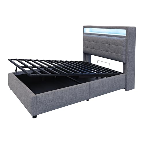LAKFEW Polsterbett 140x200 cm, Doppelbett Stauraumbett mit LED-Beleuchtung und USB-Steckdose, Funktionsbett mit Hydraulischem Stauraum und Regal und Lattenrost, Grau, Ohne Matratze, Leinen – Bild 8