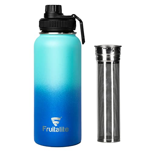 Image of Fruitalite Thermosteel Fruit Infuser Water Bottle- 1000ml with Screw /Spout Lid, Steel Infusion Rod, Infused Detox Recipe eBook, Double-Wall Vacuum Insulated Stainless Steel Bottle- Blue Waves